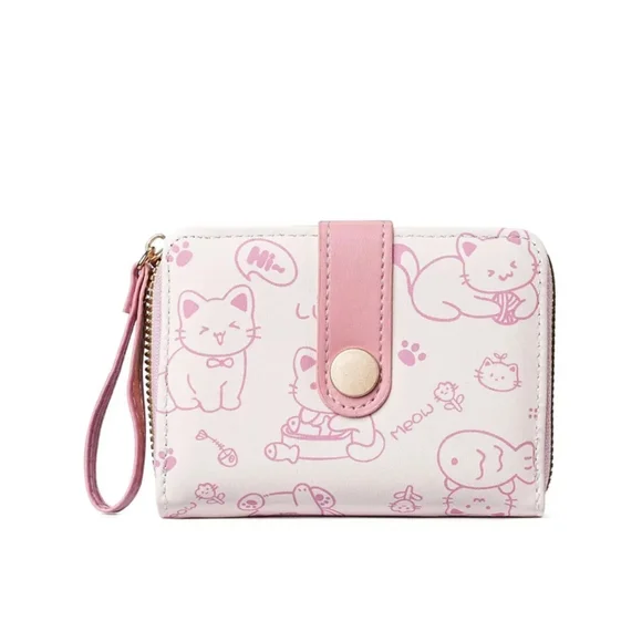 Pink & White Whimsical Cat Print Mini Wallet - Picture 3 of 15